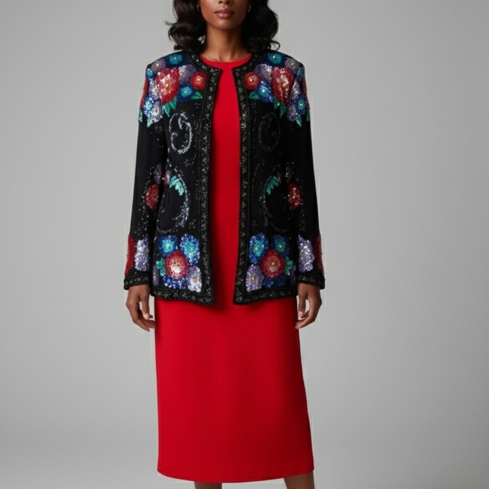 Joan Leslie Embellished Black Jacket with Multicolor Accents‎